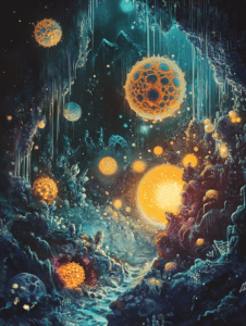 Luminous Orbs and Alien Flora in a Surreal Underwater Cavern with Glowing Bioluminescent Spheres and Mesmerizing Rock Formations BIOPUNK DIGITAL PAINTING 18 x 24 Inch MineeForm Wall Art Poster