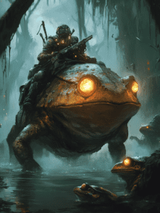 Armored Soldier Patrolling a Misty Swamp on a Large Bioluminescent Frog with Smaller Brethren in Water BIOPUNK DIGITAL PAINTING 18 x 24 Inch MineeForm Wall Art Poster