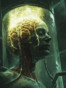 Pulsating Energy Encasing a Human Form in a Futuristic Glass Chamber with Illuminated Neural Connections and Intricate Tubes BIOPUNK DIGITAL PAINTING 18 x 24 Inch MineeForm Wall Art Poster