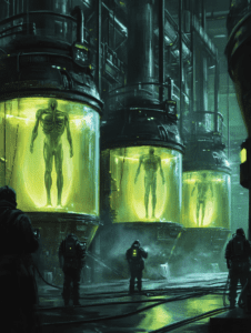 In the Depths of an Industrial Lab Suspended Biopunk Creations Glow in Cylindrical Green Chambers Enveloped by Shadows and Observed by Silhouetted Figures in Protective Gear amidst an Atmosphere of Futuristic Experimentation BIOPUNK DIGITAL PAINTING 18 x 24 Inch MineeForm Wall Art Poster