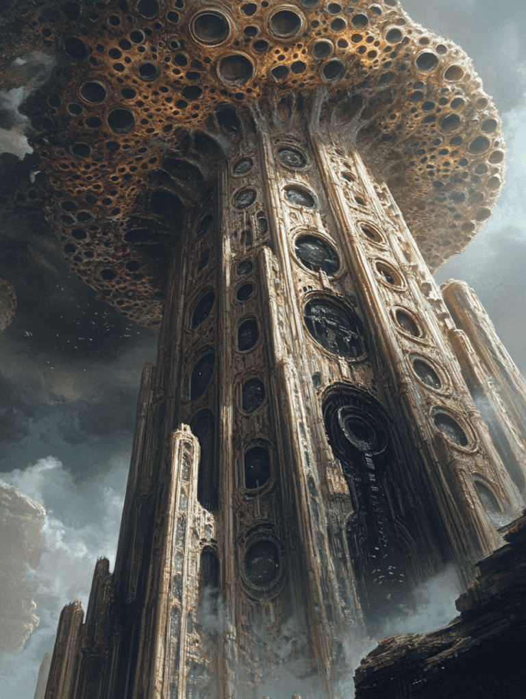 Towering Organic Skyscraper with Intricate Circular Patterns and Fungal Canopy Set Against a Dramatic Cloudy Sky BIOPUNK DIGITAL PAINTING 18 x 24 Inch MineeForm Wall Art Poster