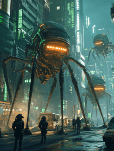 Towering Machines Patrol a Futuristic Neon Cityscape with Cybernetic Precision and Glistening Metallic Spiders Looming Over Enigmatic Figures on Wet Urban Streets BIOPUNK DIGITAL PAINTING 18 x 24 Inch MineeForm Wall Art Poster