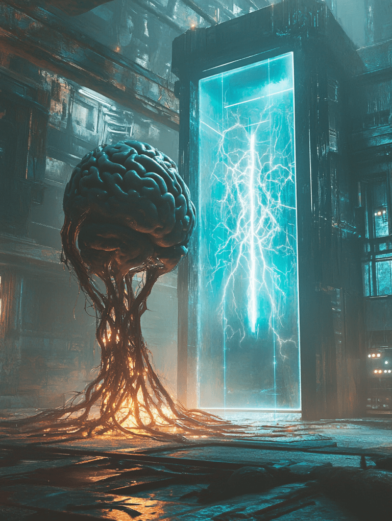 Luminous Brain with Root-like Tendrils Beside a Towering Glass Chamber Pulsing with Electric Blue Energy in a Metallic Futuristic Interior BIOPUNK DIGITAL PAINTING 18 x 24 Inch MineeForm Wall Art Poster