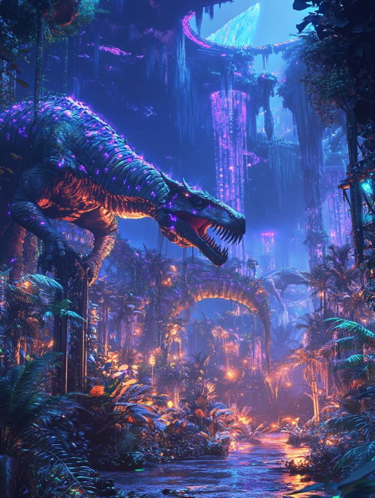 Glowing Dinosaur Wanders Through Bioluminescent Jungle in Lush Dreamlike Landscape with Illuminated Flora and Waterfall Cascading from Futuristic Ruins BIOPUNK DIGITAL PAINTING 18 x 24 Inch MineeForm Wall Art Poster