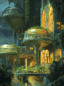 Lush Vertical Habitat with Glowing Bio-Domes and Verdant Hanging Gardens in an Enchanted Sci-Fi Forest Setting BIOPUNK DIGITAL PAINTING 18 x 24 Inch MineeForm Wall Art Poster