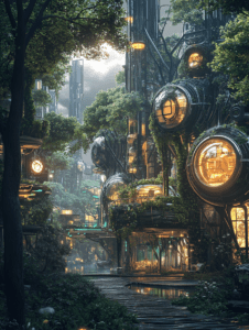 Futuristic Urban Oasis with Lush Vegetation and Spherical Structures amidst Towering Skyscrapers with a Serene Canal and Floating Walkways in a Harmonious Blend of Nature and Technology BIOPUNK DIGITAL PAINTING 18 x 24 Inch MineeForm Wall Art Poster