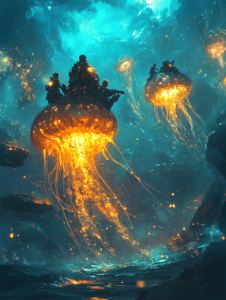 Armored Figures Riding Luminous Jellyfish Creatures in a Vibrant Underwater World with a Deep Turquoise Glow BIOPUNK DIGITAL PAINTING 18 x 24 Inch MineeForm Wall Art Poster