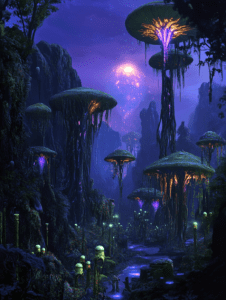 Luminous Bioluminescent Forest with Towering Alien Fungi and Glowing Orb in Twilight Serenity BIOPUNK DIGITAL PAINTING 18 x 24 Inch MineeForm Wall Art Poster