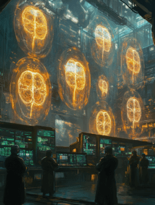 Dimly Lit Industrial Control Room with Luminescent Neuron Displays and Commanding Figures Monitoring High Tech Interfaces BIOPUNK DIGITAL PAINTING 18 x 24 Inch MineeForm Wall Art Poster