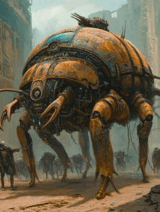 Giant Mechanical Beetle Striding Through Post Apocalyptic Urban Landscape as Armored Figures Stand Guard Among Ruins BIOPUNK DIGITAL PAINTING 18 x 24 Inch MineeForm Wall Art Poster