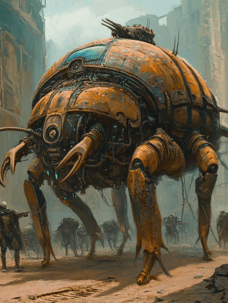 Giant Mechanical Beetle Striding Through Post Apocalyptic Urban Landscape as Armored Figures Stand Guard Among Ruins BIOPUNK DIGITAL PAINTING 18 x 24 Inch MineeForm Wall Art Poster