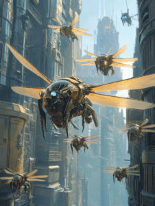 Swarm of Metallic Insect Drones Soaring Between Towering Skyscrapers in a Futuristic Cityscape BIOPUNK DIGITAL PAINTING 18 x 24 Inch MineeForm Wall Art Poster