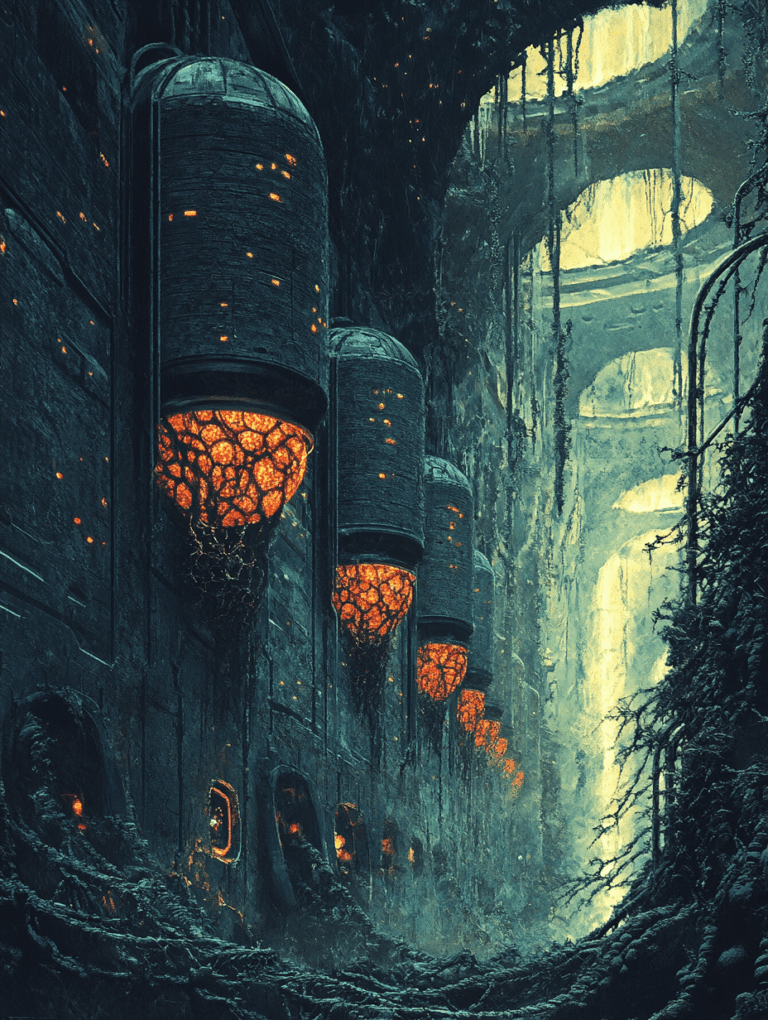 Illuminated Organic Structures Lining a Dark Alien Corridor with Climbing Vines and Intricate Patterns of Bioluminescent Growths Amidst Large Ominous Chambers BIOPUNK DIGITAL PAINTING 18 x 24 Inch MineeForm Wall Art Poster