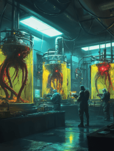 Scientists in Hazmat Suits Examine Tentacled Creatures Suspended in Neon Lit Biotech Laboratory with Glowing Tanks and Complex Machinery BIOPUNK DIGITAL PAINTING 18 x 24 Inch MineeForm Wall Art Poster