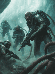 Cyborg Infantry Advancing through Misty Cavernous Terrain with Glowing Red Eyes and Tactical Gear BIOPUNK DIGITAL PAINTING 18 x 24 Inch MineeForm Wall Art Poster