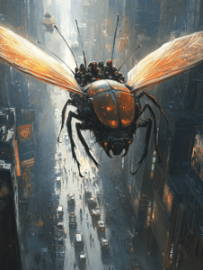 Gigantic Cybernetic Insect Soaring Above Bustling Futuristic Cityscape with Distant Structures and Heavy Traffic Below BIOPUNK DIGITAL PAINTING 18 x 24 Inch MineeForm Wall Art Poster