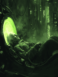 Elderly Man Reclining in Futuristic Bio-Chamber Bathed in Ethereal Green Light with Intricate Machinery and Mysterious Vapors BIOPUNK DIGITAL PAINTING 18 x 24 Inch MineeForm Wall Art Poster