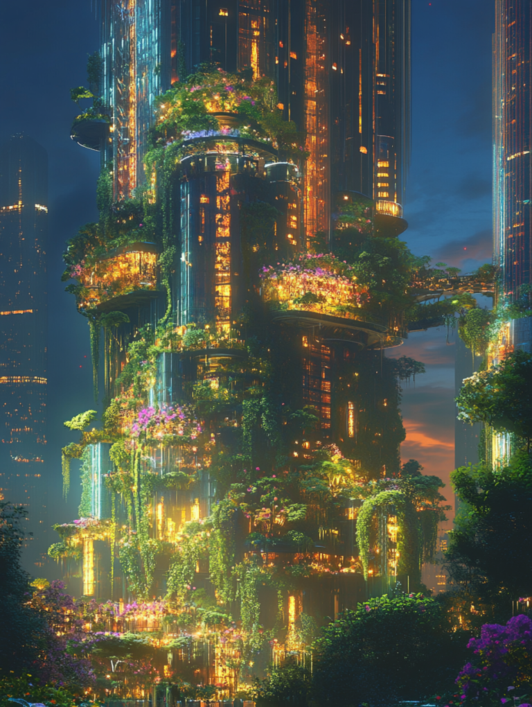 Luminous Vertical Gardens Interwoven with Skyscrapers in a Vibrant Futuristic Cityscape at Dusk BIOPUNK DIGITAL PAINTING 18 x 24 Inch MineeForm Wall Art Poster