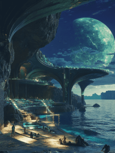 Futuristic Oceanfront with Dramatic Cliffside Architecture Beneath a Glowing Moonlit Sky and Mesmerizing Green-Lit Pathways with Figure Silhouettes Along the Waters Edge BIOPUNK DIGITAL PAINTING 18 x 24 Inch MineeForm Wall Art Poster