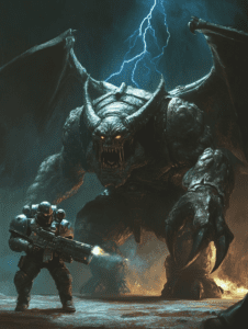 Armored Soldier Confronts Ferocious Demon With Glowing Eyes Amidst Lightning and Shadows in Underground Lair BIOPUNK DIGITAL PAINTING 18 x 24 Inch MineeForm Wall Art Poster