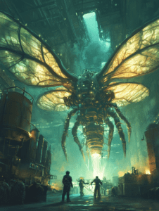 Monumental Biopunk Scene Featuring Gigantic Mechanical Insect with Glowing Translucent Wings in Industrial Hangar as Humans Conduct Maintenance Amidst Towering Machinery and Dim Greenish Light BIOPUNK DIGITAL PAINTING 18 x 24 Inch MineeForm Wall Art Poster