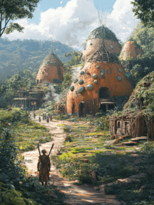 Serene Woodland Village with Organic Clay Structures and Lush Vegetation against Misty Mountain Backdrop BIOPUNK DIGITAL PAINTING 18 x 24 Inch MineeForm Wall Art Poster