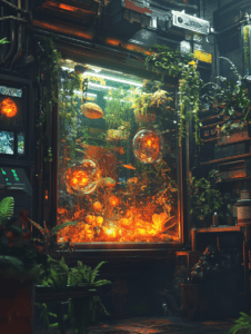 Vibrant Biopunk Terrarium with Intricate Overgrowth and Neon Glow in a Dark Industrial Laboratory Setting BIOPUNK DIGITAL PAINTING 18 x 24 Inch MineeForm Wall Art Poster