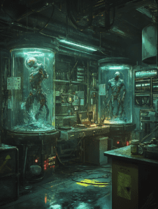 Dimly Lit Cybernetic Research Lab with Futuristic Digital Control Stations and Biomechanical Creatures Suspended in Liquid Filled Tanks BIOPUNK DIGITAL PAINTING 18 x 24 Inch MineeForm Wall Art Poster