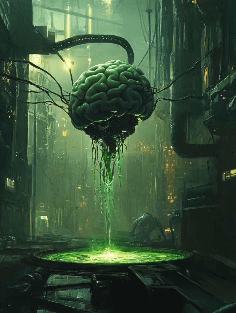 Suspended Neural Entity Over a Luminous Green Pool Amidst a Dark Industrial Cityscape BIOPUNK DIGITAL PAINTING 18 x 24 Inch MineeForm Wall Art Poster