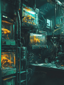 Luminous Creatures in Dimly Lit Laboratory with Futuristic Technology and Glowing Tanks on Industrial Workbench Surrounded by Intricate Wires and Machines BIOPUNK DIGITAL PAINTING 18 x 24 Inch MineeForm Wall Art Poster