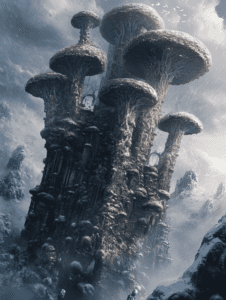 Towering Organic Spires in a Snowy Mountain Landscape Resembling Giant Mushroom Structures with Intricate Textures and Frosty Peaks Under a Cloudy Sky BIOPUNK DIGITAL PAINTING 18 x 24 Inch MineeForm Wall Art Poster