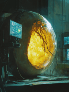 Luminous Organic Growth in a Sci-Fi Laboratory with Glowing Sphere and Complex Technological Design BIOPUNK DIGITAL PAINTING 18 x 24 Inch MineeForm Wall Art Poster