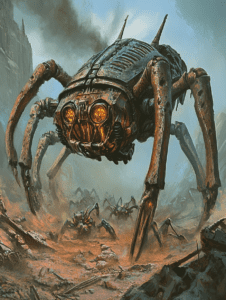 Massive Rusted Mechanical Spider Creatures Traverse a Post-Apocalyptic Landscape with Dust Clouds and Jagged Rock Formations BIOPUNK DIGITAL PAINTING 18 x 24 Inch MineeForm Wall Art Poster