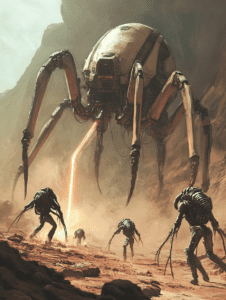 Colossal Mechanical Arachnid with Glowing Eyespat Patrols a Dusty Alien Landscape with Humanoid Figures Emerging from the Ground BIOPUNK DIGITAL PAINTING 18 x 24 Inch MineeForm Wall Art Poster