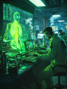 Futuristic Laboratory with Scientists Analyzing Virtual Human Anatomy Hologram Amidst Neon Green Illuminated Technology and Monitors BIOPUNK DIGITAL PAINTING 18 x 24 Inch MineeForm Wall Art Poster