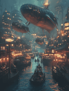 Majestic Whale Airships Gracefully Soar Above a Vibrant Futuristic Cityscape Illuminated by Warm Lighting as Boats Glide Through the Canal Beneath Towering Skyscrapers BIOPUNK DIGITAL PAINTING 18 x 24 Inch MineeForm Wall Art Poster