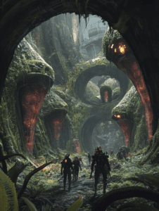 Explorers in Biomechanical Jungle Landscape with Organic Entrances and Lush Vegetation BIOPUNK DIGITAL PAINTING 18 x 24 Inch MineeForm Wall Art Poster