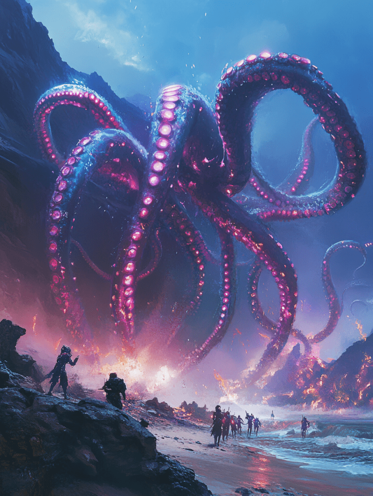 Whimsical Scene of Giant Bioluminescent Tentacles Erupting from the Ocean Amidst Rocky Shoreline with Awe-Struck Explorers Witnessing the Spectacle Against a Vibrant Sky at Dusk BIOPUNK DIGITAL PAINTING 18 x 24 Inch MineeForm Wall Art Poster
