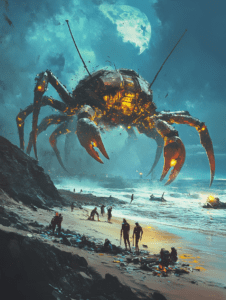 Gigantic Biomechanical Crab Overlooking a Beach Under the Full Moon with Silhouetted Figures Along the Shoreline and Crashing Waves BIOPUNK DIGITAL PAINTING 18 x 24 Inch MineeForm Wall Art Poster