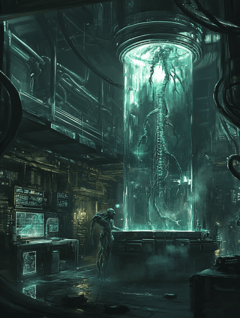 Futuristic Laboratory with Glowing Biomechanical Creature in Glass Cylinder Amidst Dark Industrial Surroundings and Advanced Tech Interfaces BIOPUNK DIGITAL PAINTING 18 x 24 Inch MineeForm Wall Art Poster