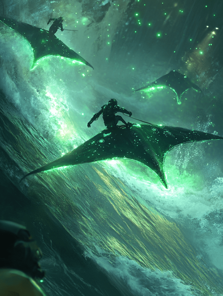Neon Glow of Futuristic Riders Soaring on Bioluminescent Mantle Rays Above Roaring Ocean Waves Under a Star-Lit Night Sky BIOPUNK DIGITAL PAINTING 18 x 24 Inch MineeForm Wall Art Poster