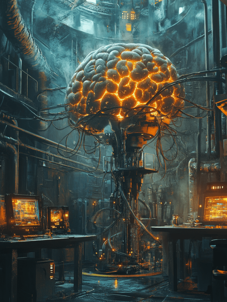 Glowing Neural Network in a High-Tech Industrial Lab with Complex Wiring and Flickering Monitors BIOPUNK DIGITAL PAINTING 18 x 24 Inch MineeForm Wall Art Poster