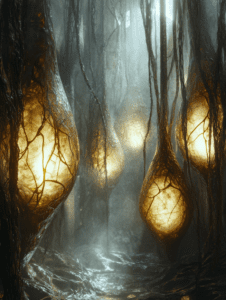 Luminous Organic Pods Suspended in a Misty Enchanted Forest with Intricate Veins and Silken Strands BIOPUNK DIGITAL PAINTING 18 x 24 Inch MineeForm Wall Art Poster