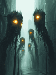 Glowing Eyes of Towering Bioorganic Sentinels Looming Over a Misty Desolate Cityscape BIOPUNK DIGITAL PAINTING 18 x 24 Inch MineeForm Wall Art Poster