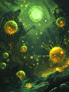 Glowing Bio-organic Spheres Radiating Energy in a Lush Underground Bioluminescent Cavern with Flowing Green Streams and Vibrant Vegetation BIOPUNK DIGITAL PAINTING 18 x 24 Inch MineeForm Wall Art Poster