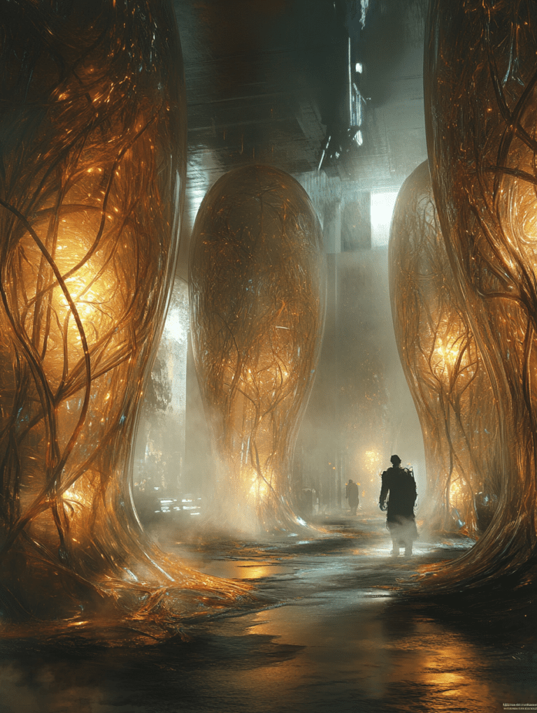 Majestic Journey Through a Neon-Lit Biopunk Corridor with Towering Luminescent Organic Structures and Silhouetted Figures Walking Amidst a Glowing Misty Environment BIOPUNK DIGITAL PAINTING 18 x 24 Inch MineeForm Wall Art Poster