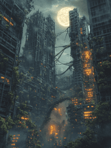 Moonlit Skyscrapers Entangled in Nature with Glowing Windows in a Misty Post-Apocalyptic Cityscape BIOPUNK DIGITAL PAINTING 18 x 24 Inch MineeForm Wall Art Poster