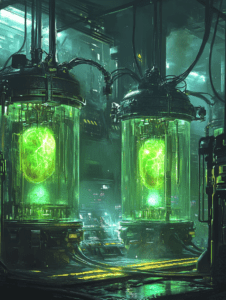 In the futuristic laboratory with glowing green incubation tanks and intricate piping surrounded by illuminated control panels and a hazy technological atmosphere BIOPUNK DIGITAL PAINTING 18 x 24 Inch MineeForm Wall Art Poster