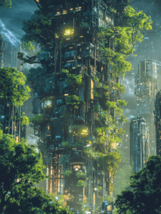 Futuristic Skyscraper Forest Merging Organic and Cybernetic Elements Amidst Nighttime Thunderstorm BIOPUNK DIGITAL PAINTING 18 x 24 Inch MineeForm Wall Art Poster