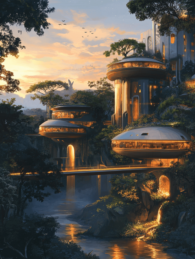 Futuristic Treehouses and Pathways Illuminated by Golden Sunset Over Serene River in Lush Forest Setting BIOPUNK DIGITAL PAINTING 18 x 24 Inch MineeForm Wall Art Poster